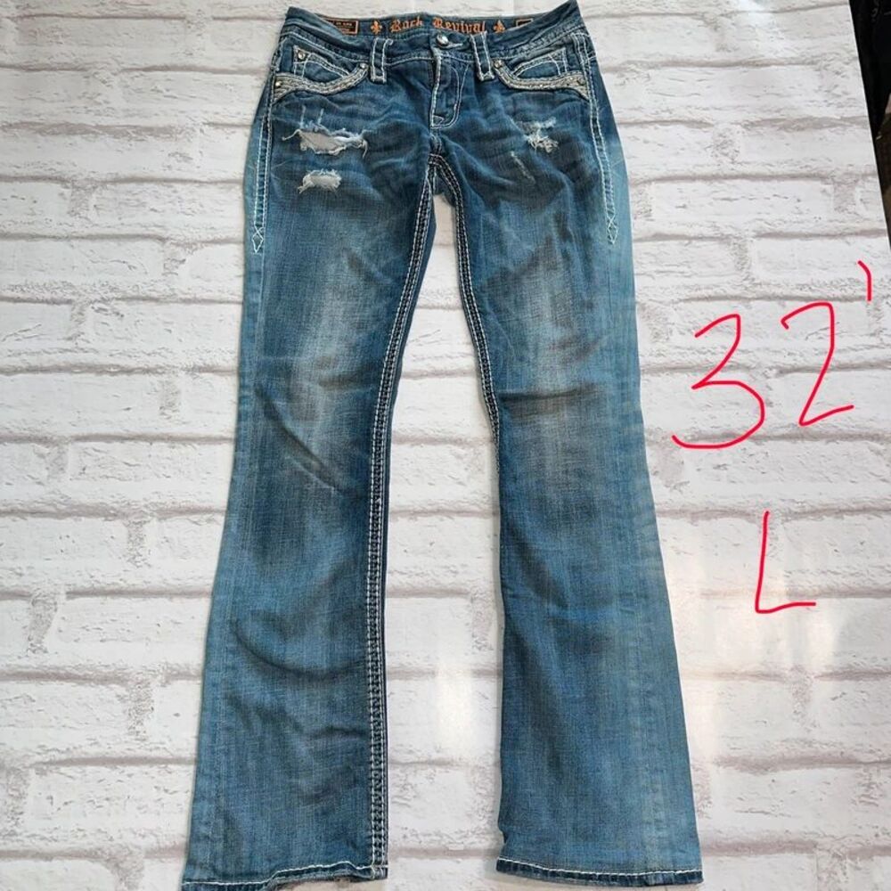 Rock Revival Ellor Slim Boot Jeans Size 27 Distressed Rhinestone